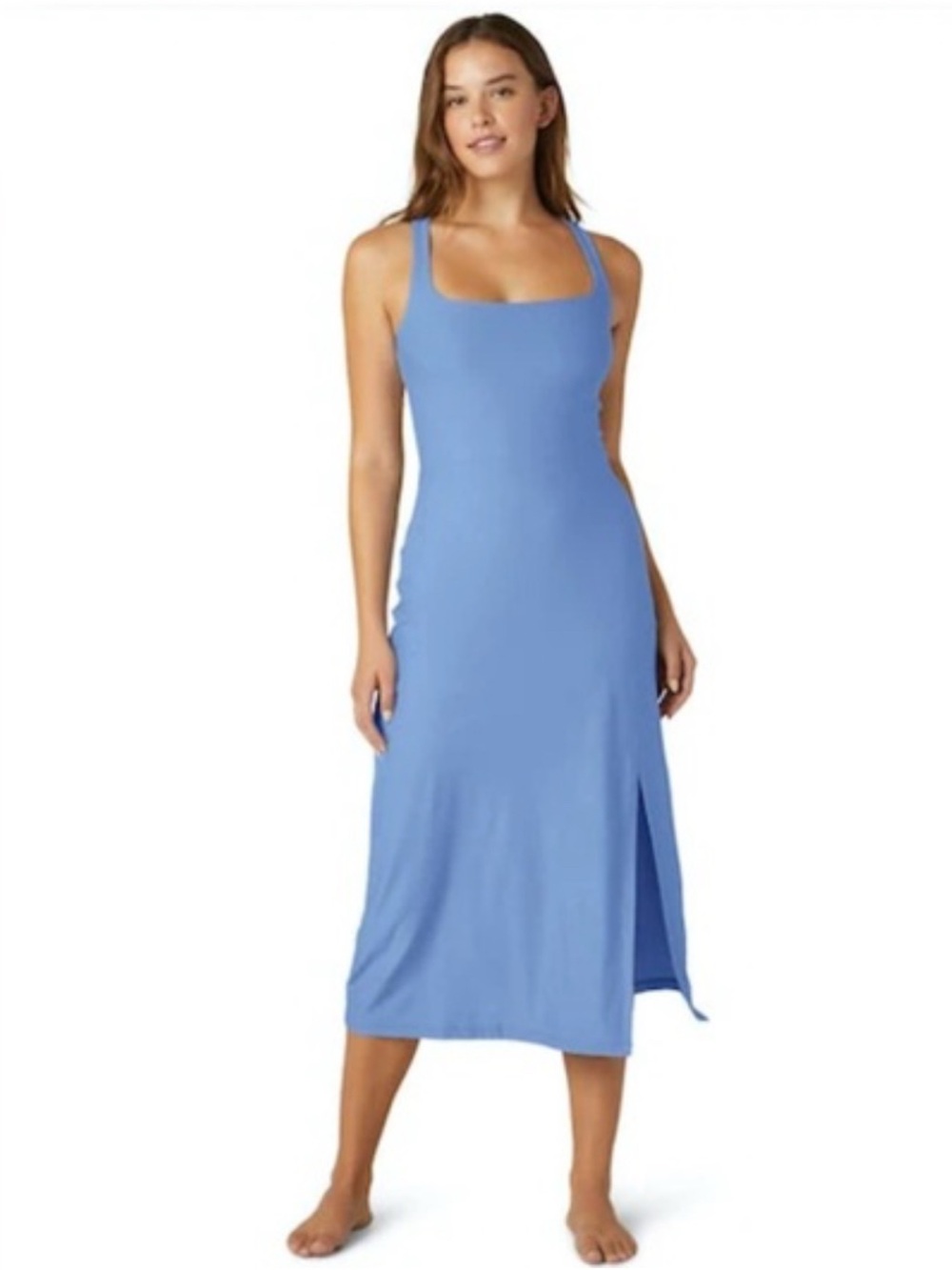 Beyond Yoga Blue Square-Neck Midi  Getaway Dress with Side Slit